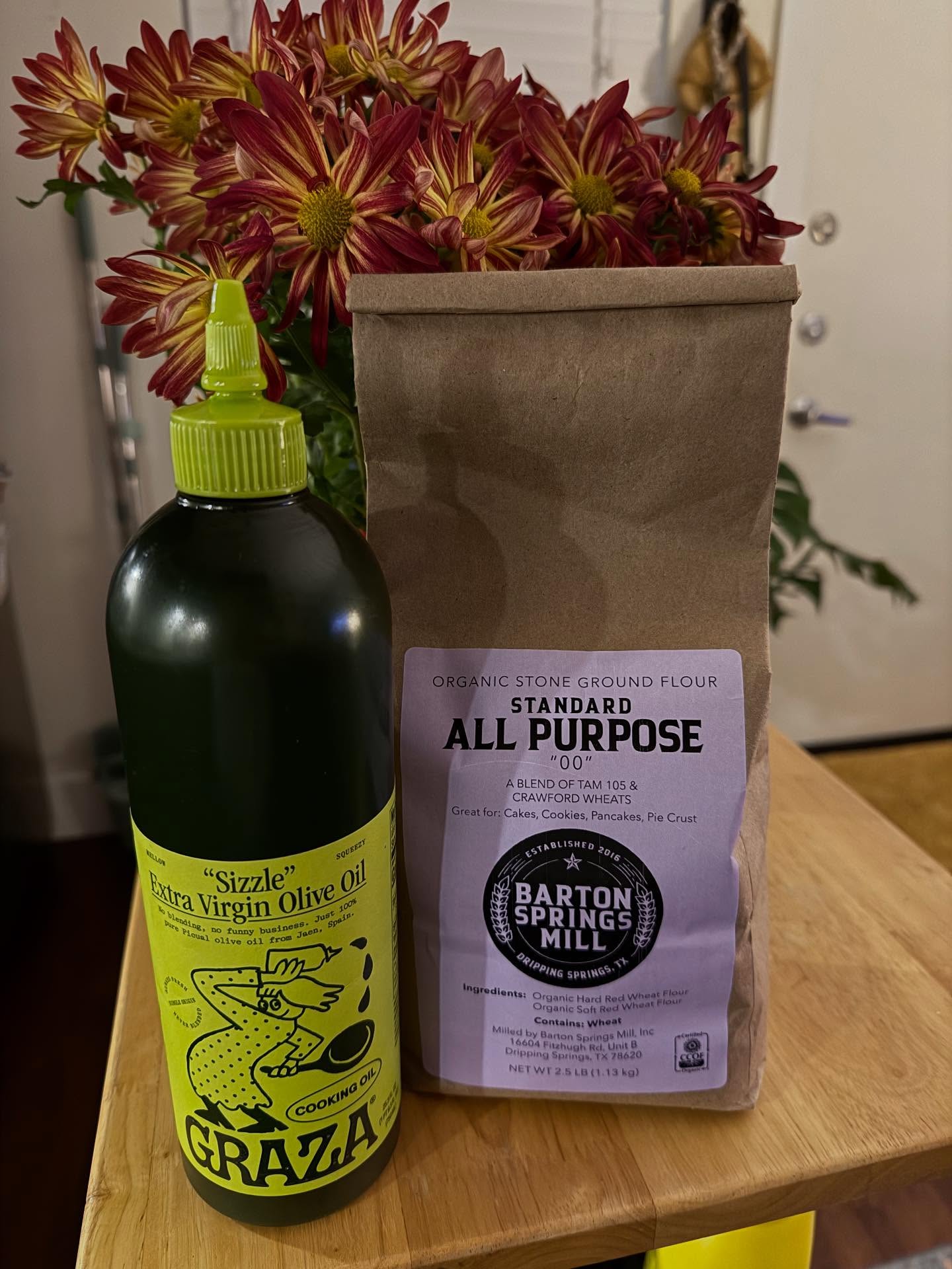 Graza olive oil and Barton Springs Mill flour